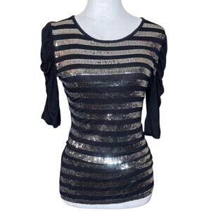 Diva Women's Black Silver Sequins Striped Stretch Ruched 3/4 Sleeve Top Sz Large